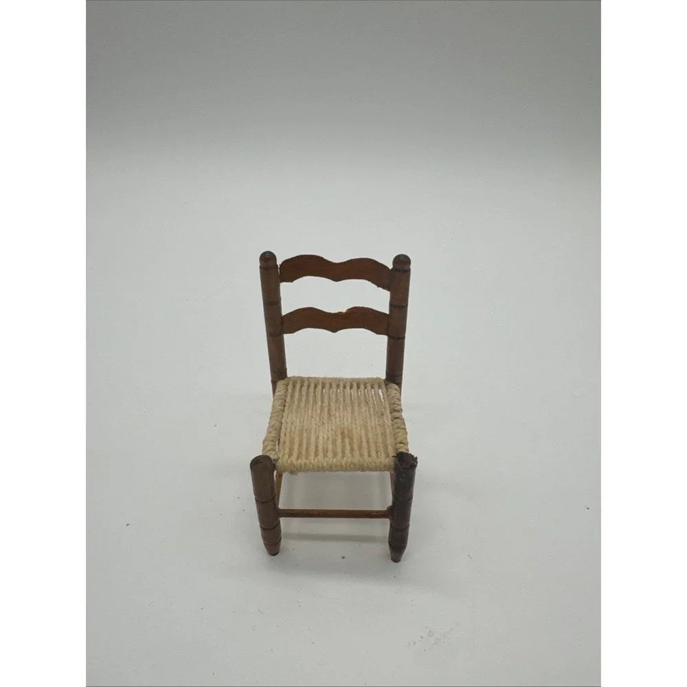 VTG Miniature Wooden Chair Armless With Wicker Seat For Doll Houses Farmstyle